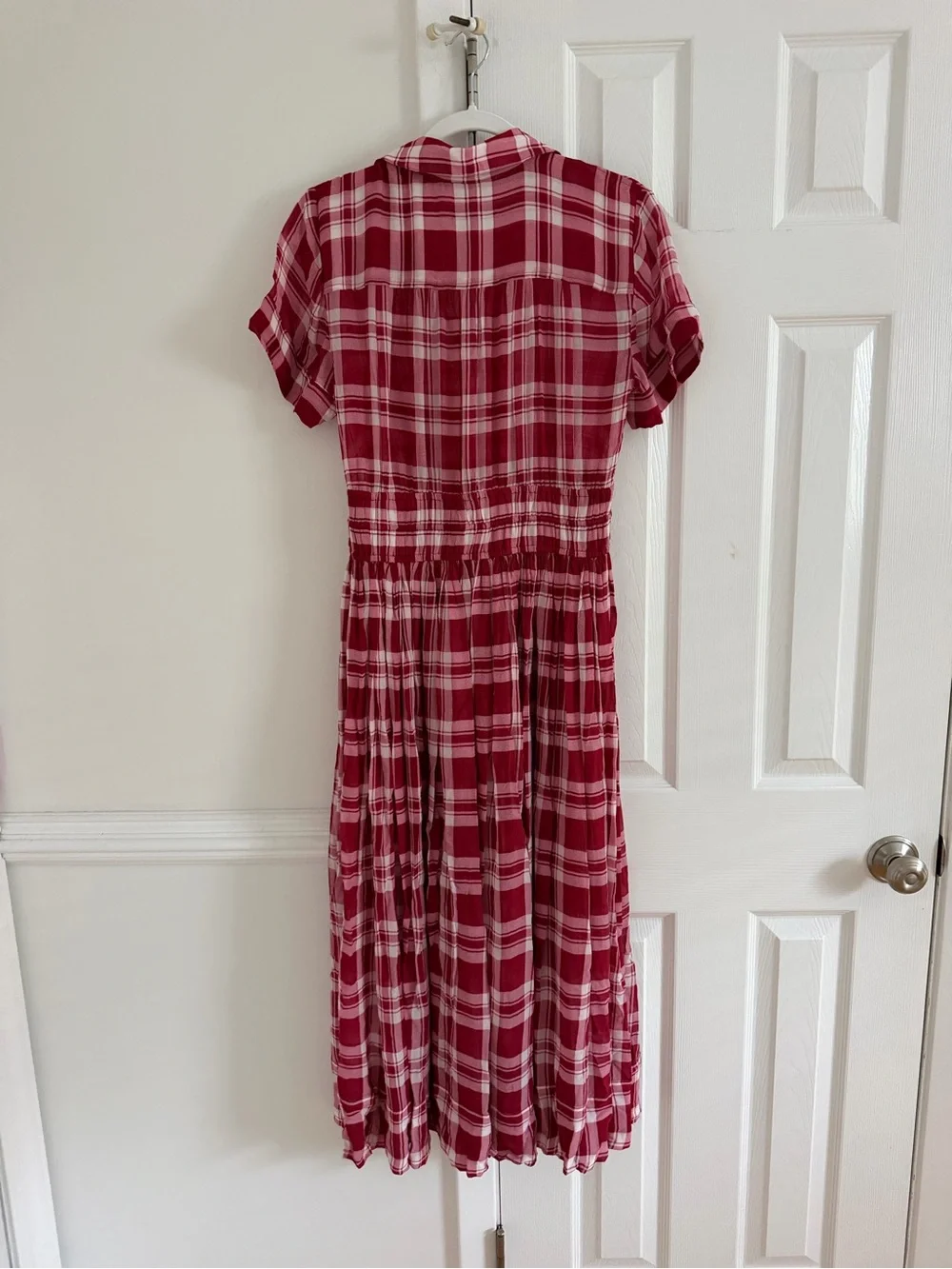 J. Crew Elena shirt-dress in plaid viscose chiffon red fall picnic cottage